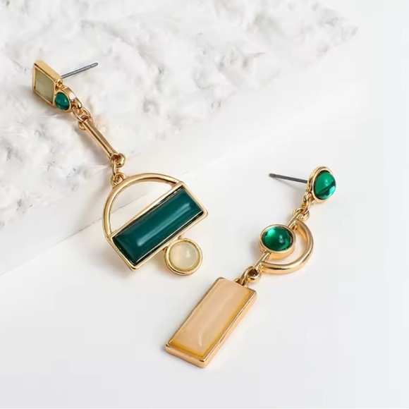 Gold Green Asymmetrical Geometric Earrings - Picture 5 of 13